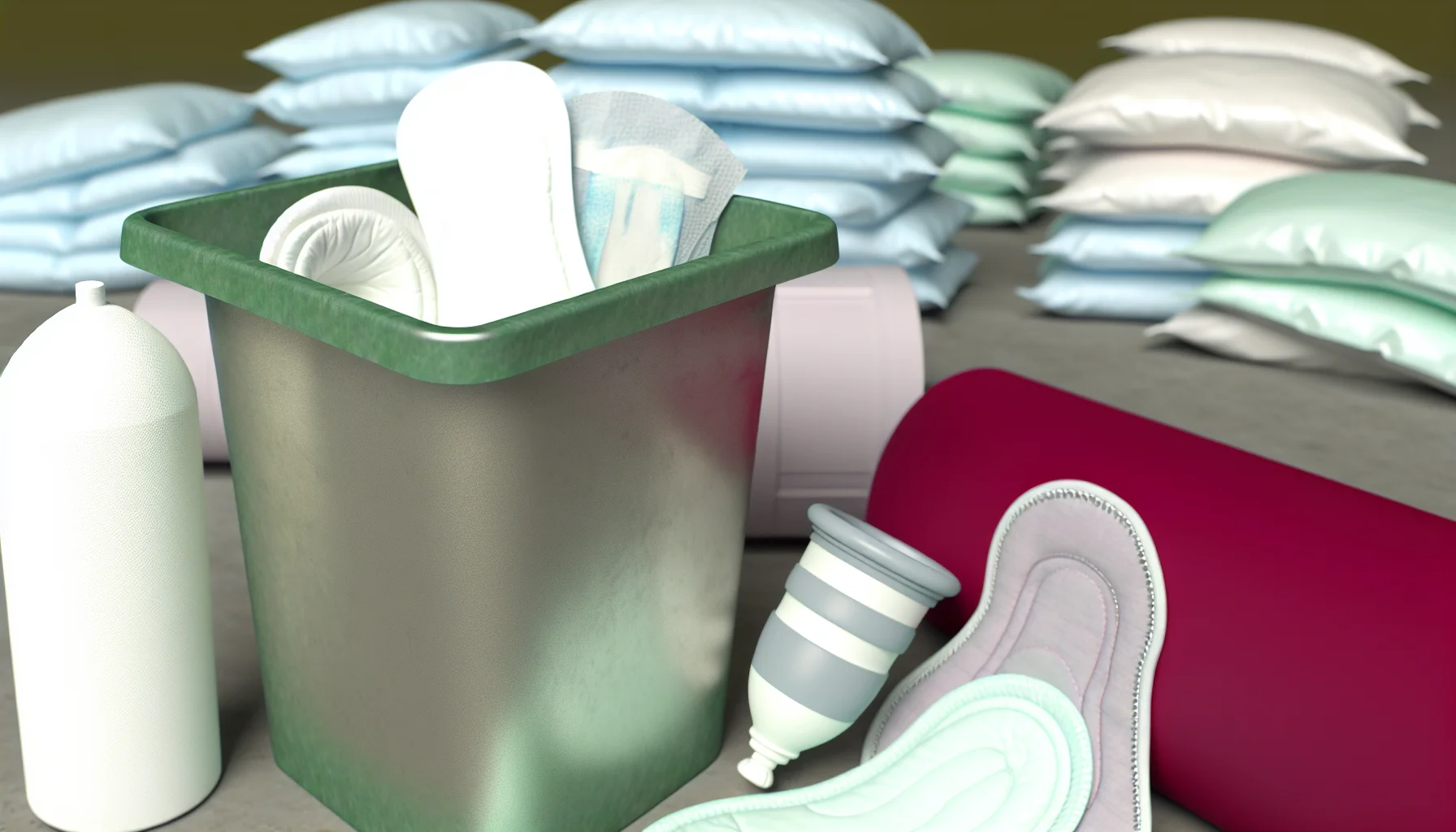 Kosz na śmieci z jednorazowymi i wielorazowymi produktami higienicznymi